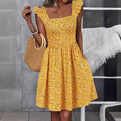 Damen Sommerkleid Rüschenärmel Schlitz dunkelblau