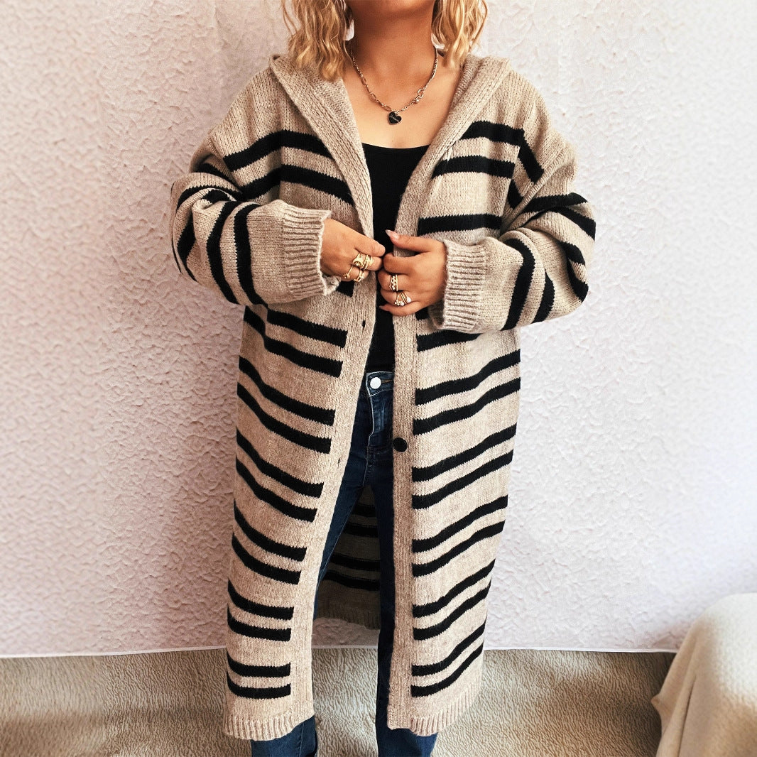 Damen Strickcardigan Hochgeschlossener Kragen Streifenmuster Beige