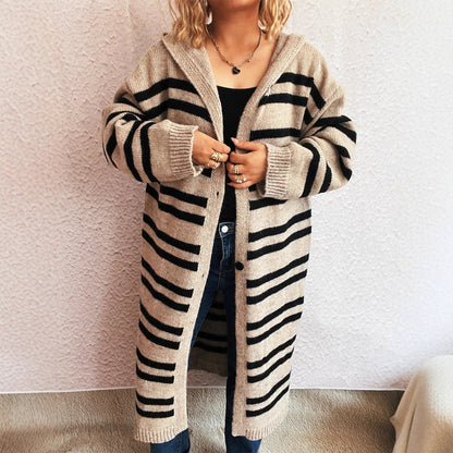 Damen Strickcardigan Hochgeschlossener Kragen Streifenmuster Beige