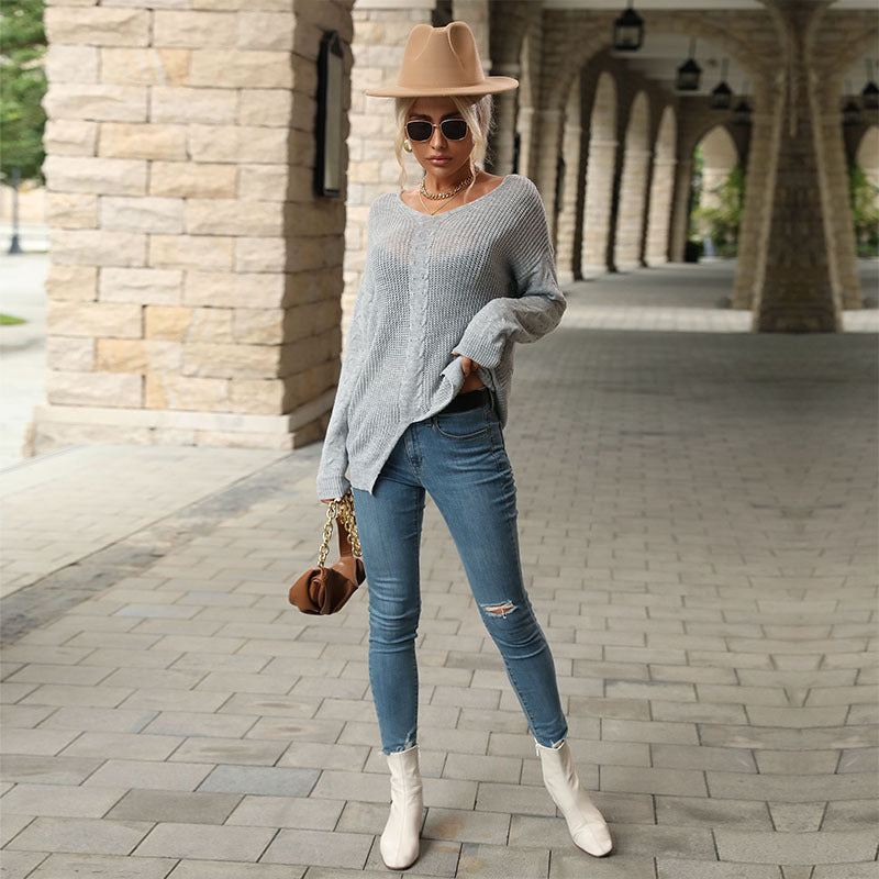Damen Strickpullover V-Ausschnitt Strukturiert Grau