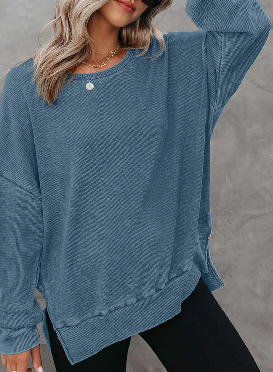 Damen Waffelpullover Mit Seitenschlitzen Norvielle