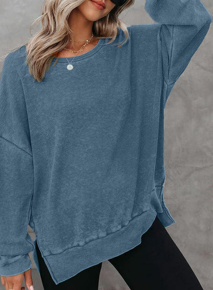 Damen Waffelpullover Mit Seitenschlitzen Norvielle