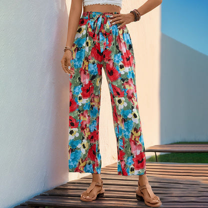 Damen Hose Weites Bein Floralmuster Elastisch