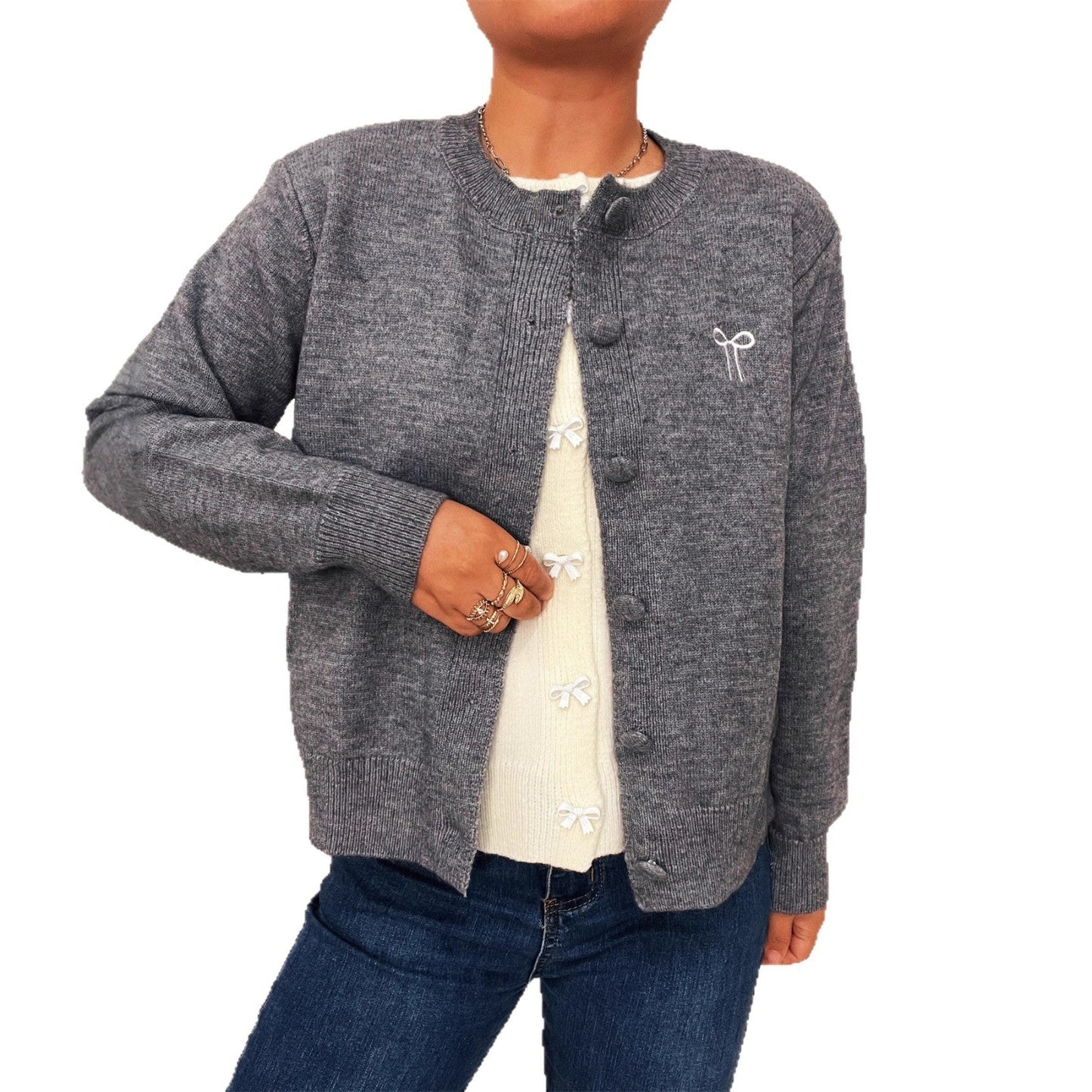 Damen Strickjacke Feine Struktur Verspielte Knöpfe Beige