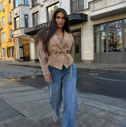 Damen Wildlederjacke Gürtel Elegant