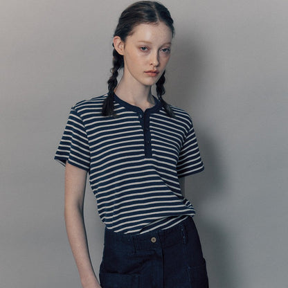 Damen Kurzarmshirt Gestreift Knopfleiste /Weiß