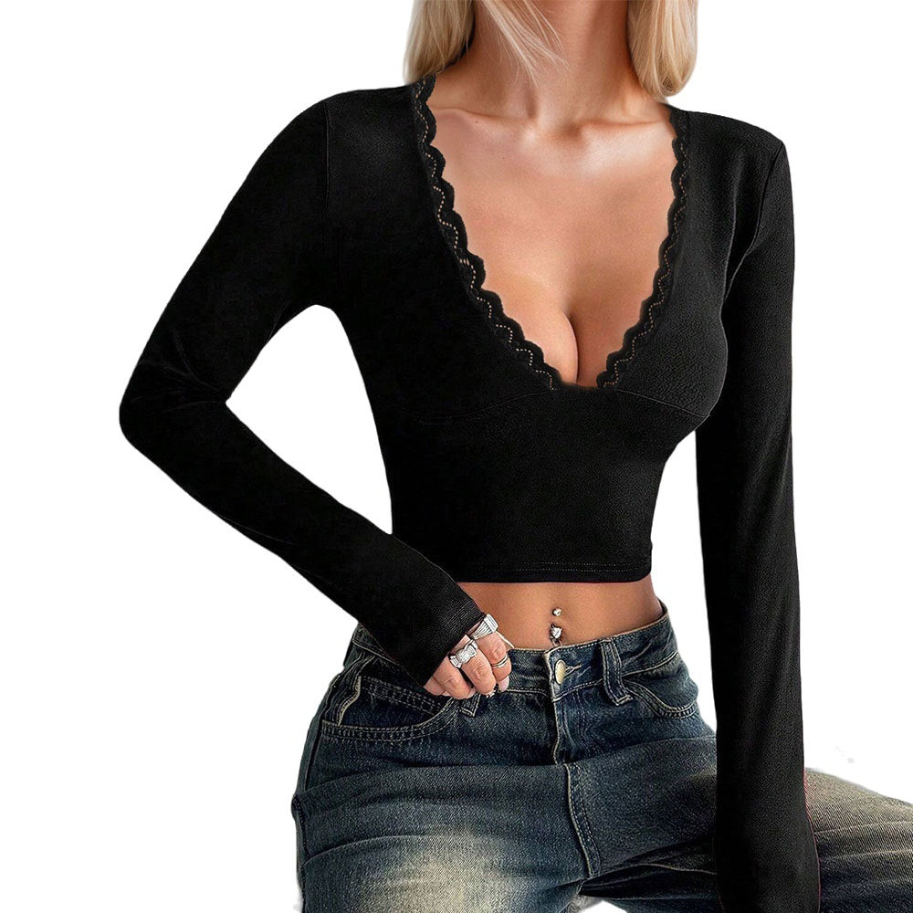 Damen Langarm Spitzenborte V-Ausschnitt Elegantes Design