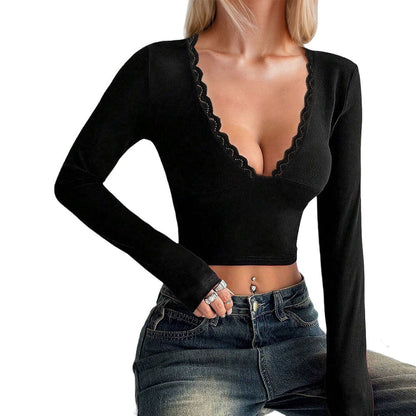 Damen Langarm Spitzenborte V-Ausschnitt Elegantes Design
