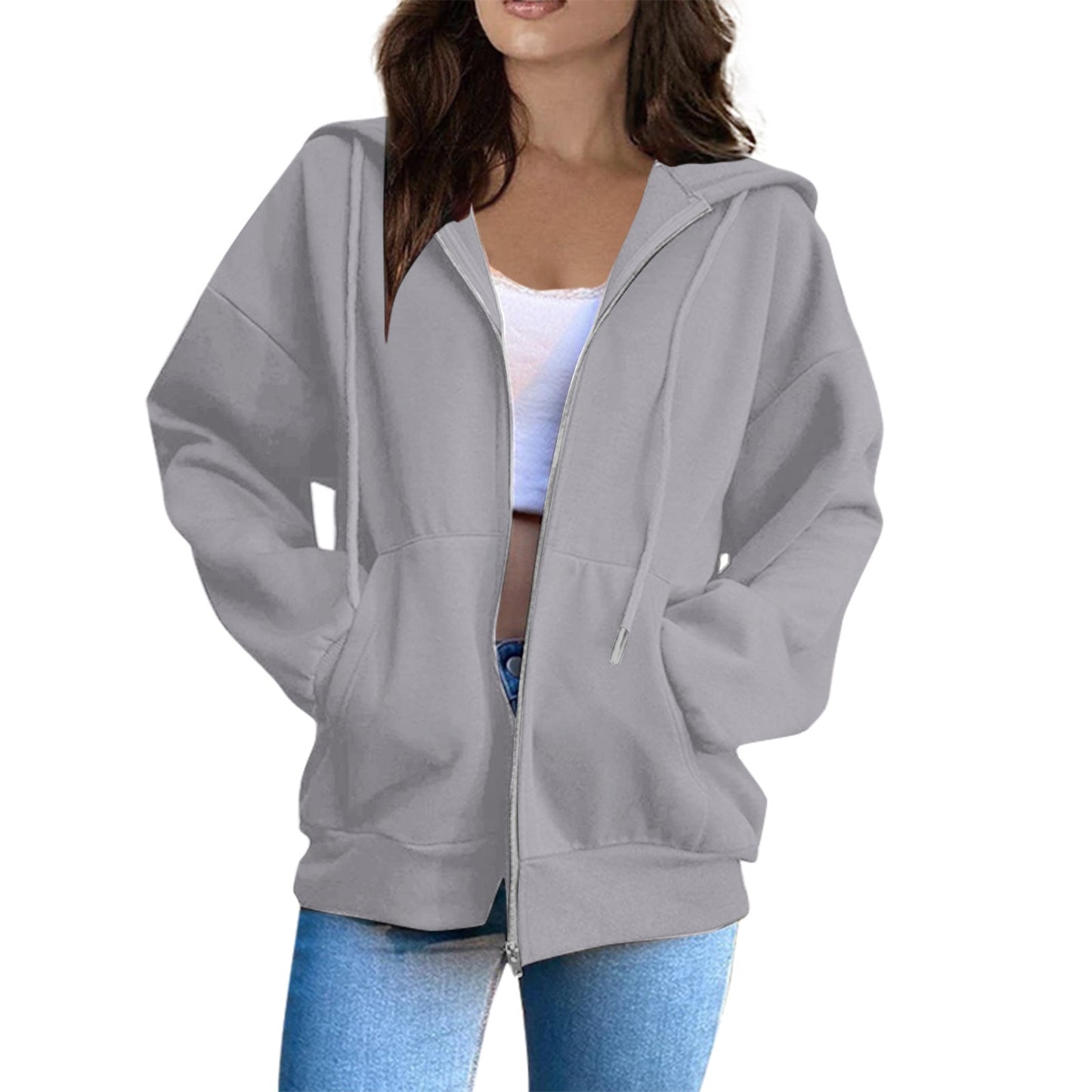 Damen Kapuzenpullover Lässig Mit Reißverschluss Beige