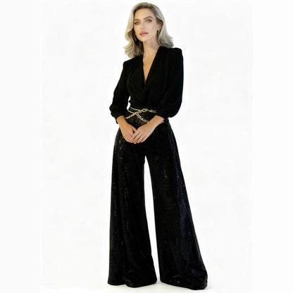 Damen Jumpsuit mit Pailletten und V-Ausschnitt