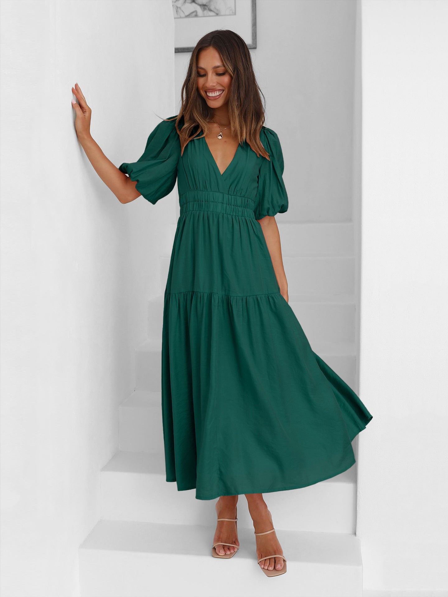 Damen Maxikleid V-Ausschnitt Puffärmel Norvielle