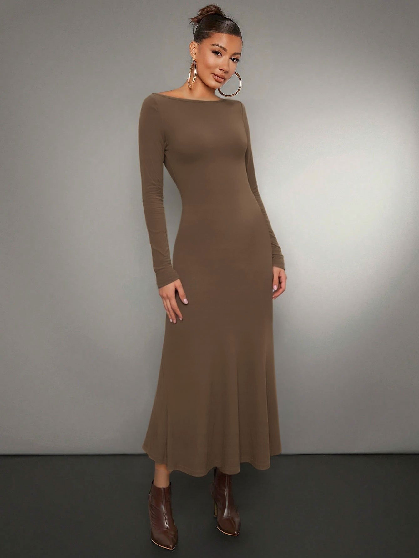 Damen Midikleid Langarm Rundhalsausschnitt Schwingender Saum Norvielle