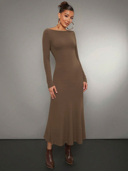 Damen Midikleid Langarm Rundhalsausschnitt Schwingender Saum Norvielle