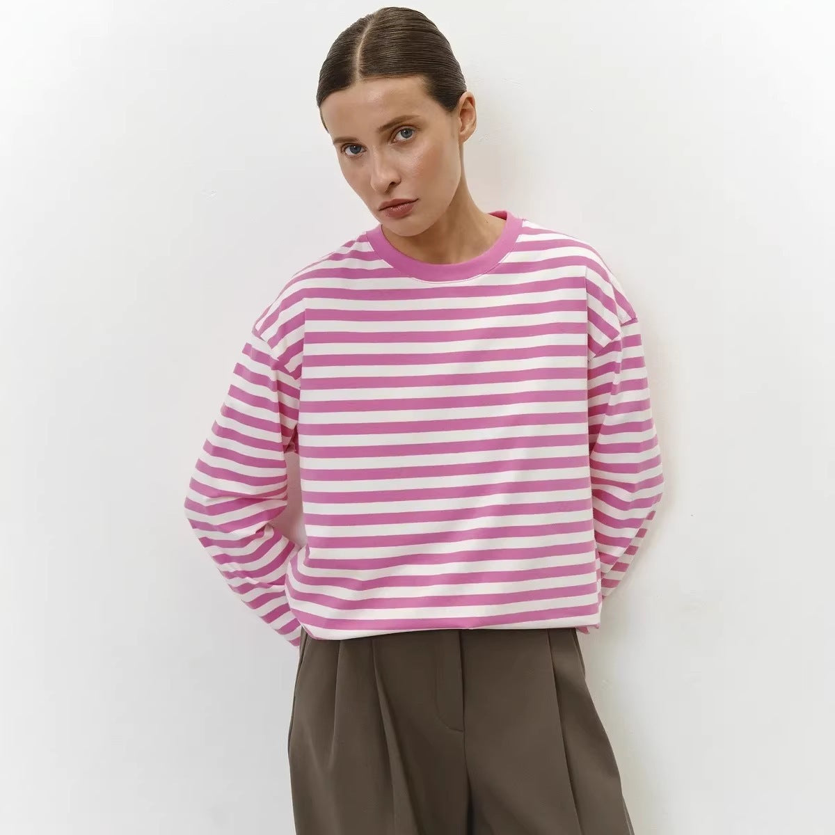 Damen Langarmshirt Gestreift Rundhalsausschnitt Lässig