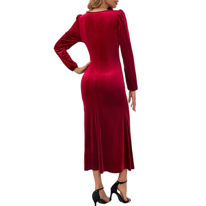 Damen Samt Midikleid Langarm Herzförmiger Ausschnitt Norvielle