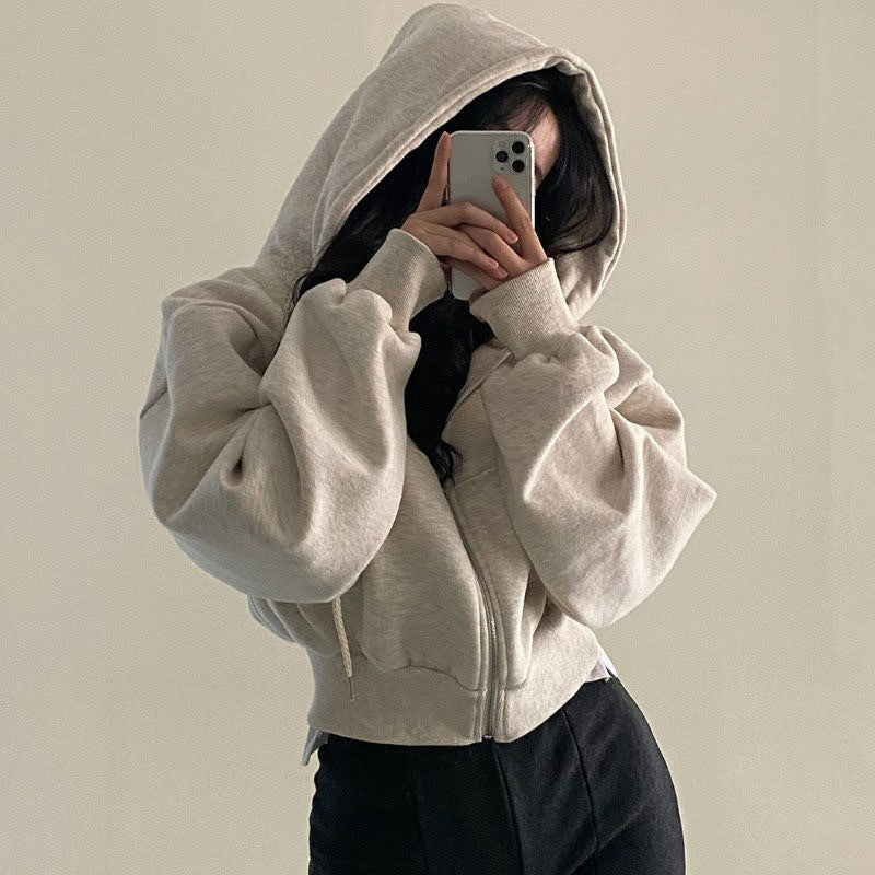 Damen Cropped Hoodie Reißverschluss Lässig Schwarz - Norvielle