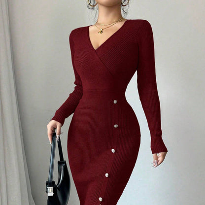 Damen Strickkleid V-Ausschnitt Dekorativ Norvielle