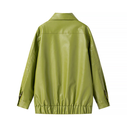 Damen Kunstlederjacke Lässig Mit Taschen