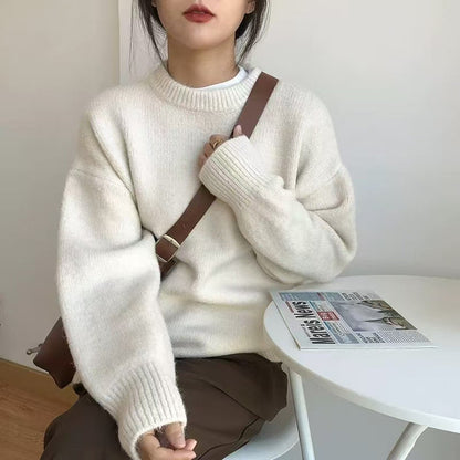 Damen Oversized Pullover Rundhals Kuschelfleece Beige