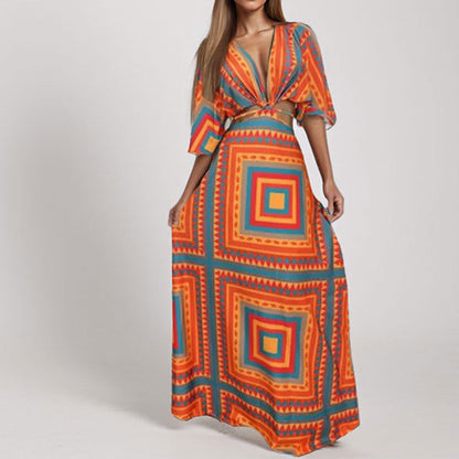 Damen Maxi-Kleid V-Ausschnitt Wellenmuster Norvielle