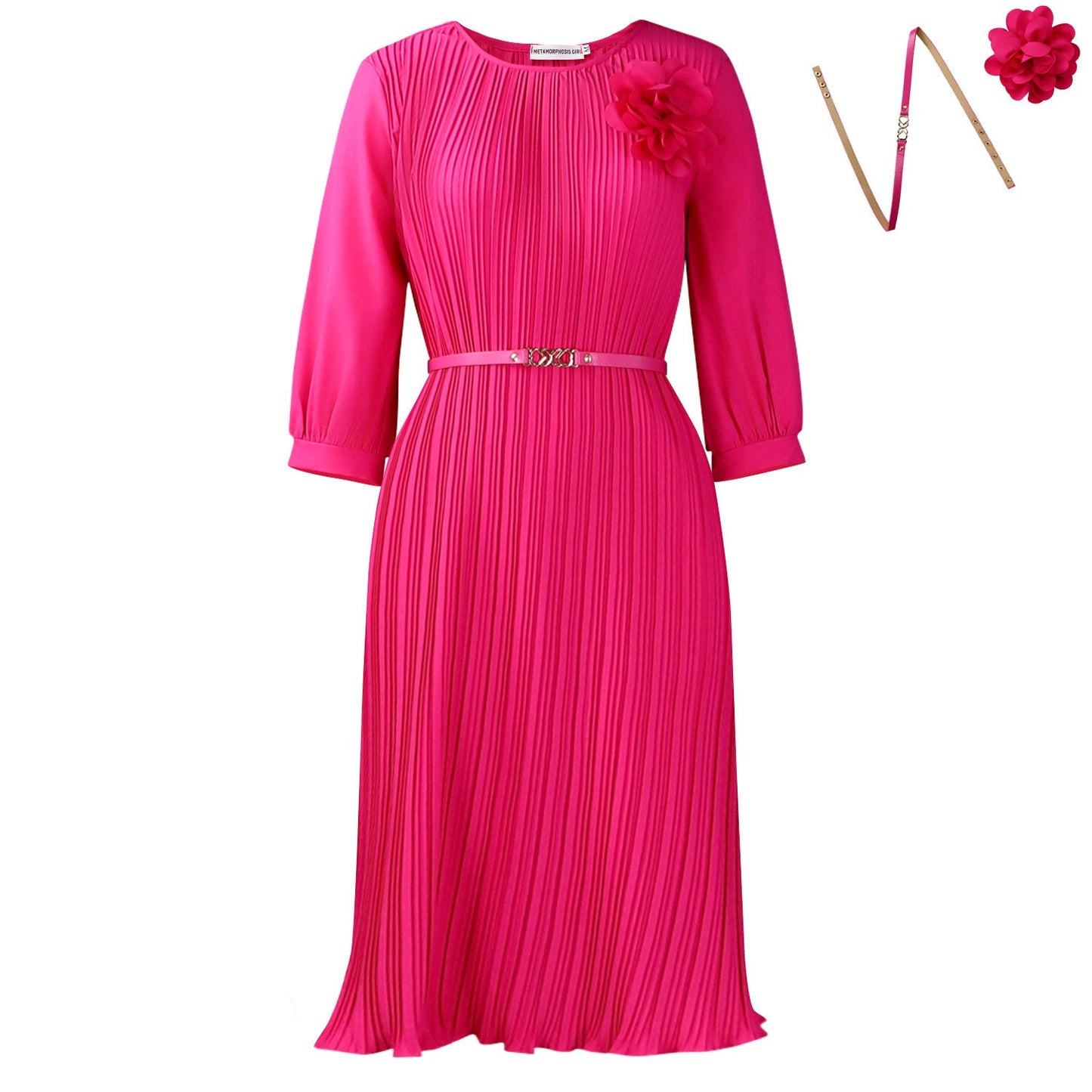 Damen Midi-Kleid Plissee Blumenapplikation Norvielle