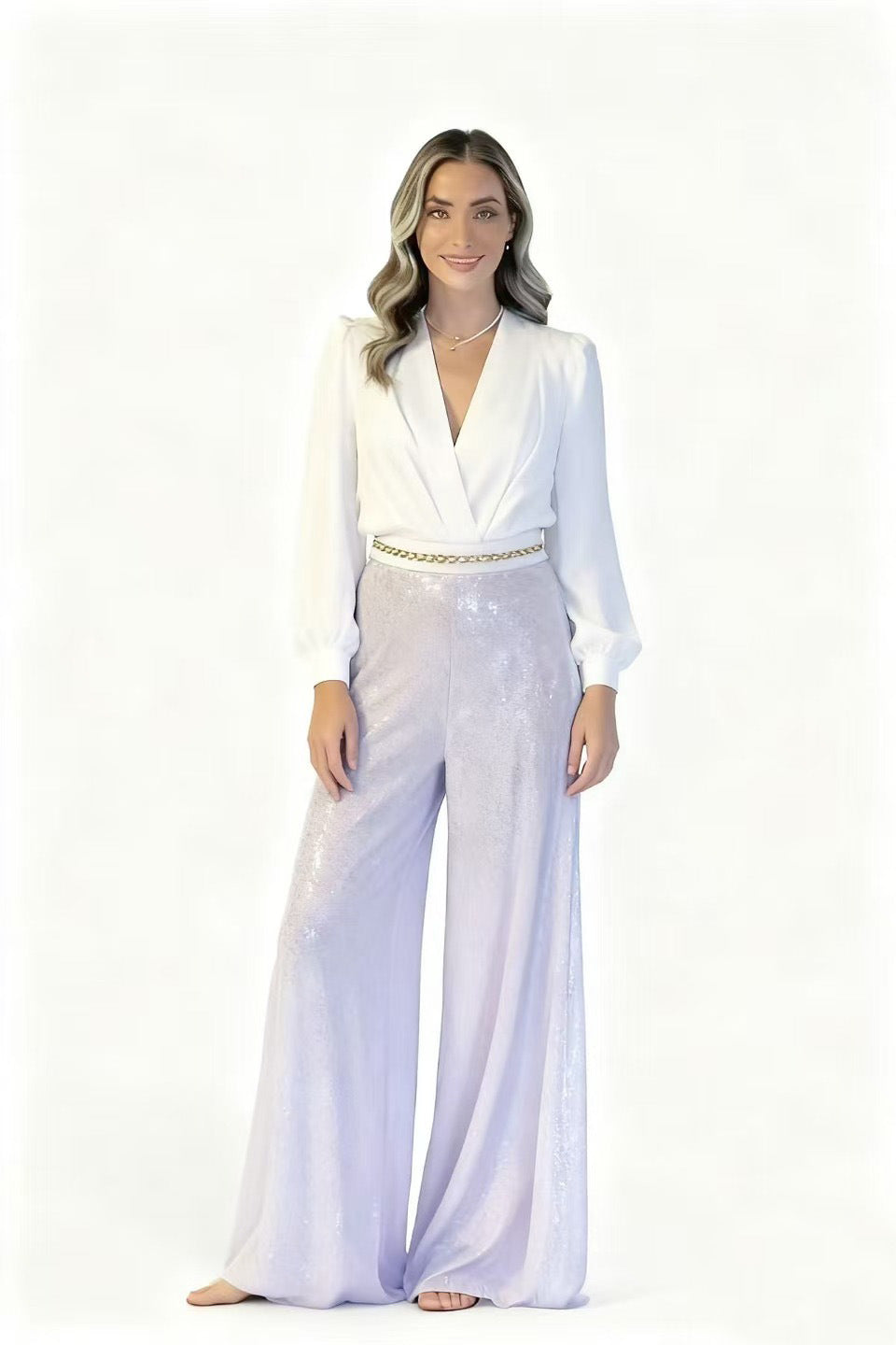 Damen Jumpsuit mit Pailletten und V-Ausschnitt