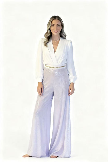 Damen Jumpsuit mit Pailletten und V-Ausschnitt