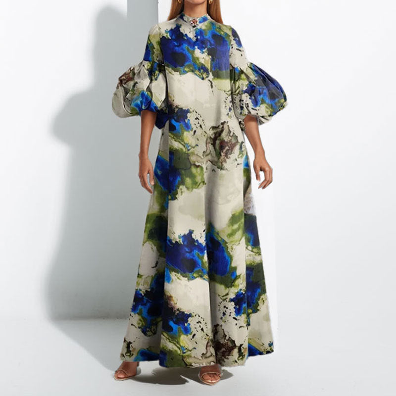 Damen Maxi-Kleid Volantärmel Abstraktes Muster