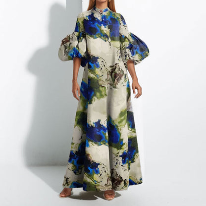 Damen Maxikleid Voluminöse Puffärmel Bunt