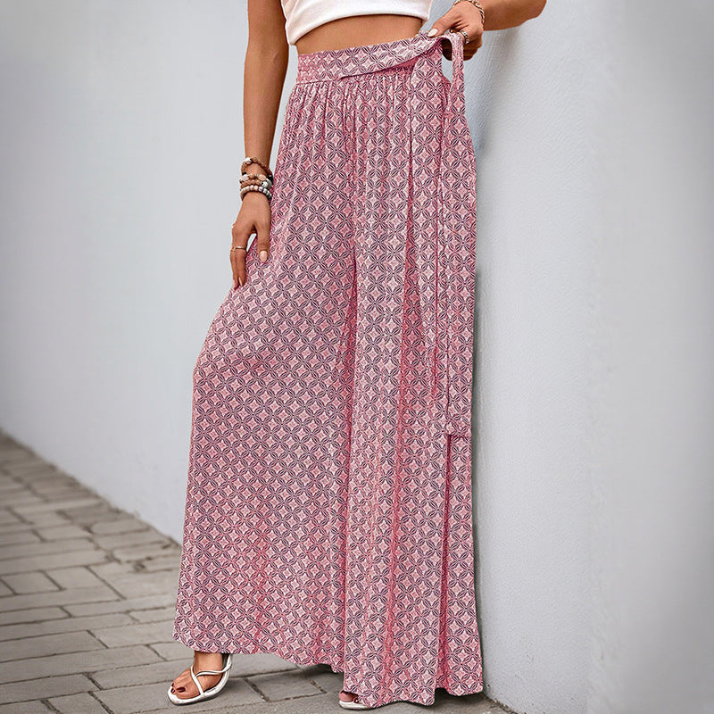 Damen Palazzo-Hose mit Bindegürtel und Print