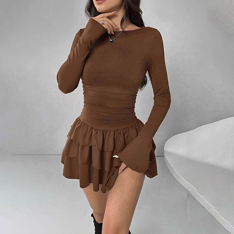 Damen Mini-Kleid Voluminöser Rüschensaum Langer Arm Schwarz - Norvielle