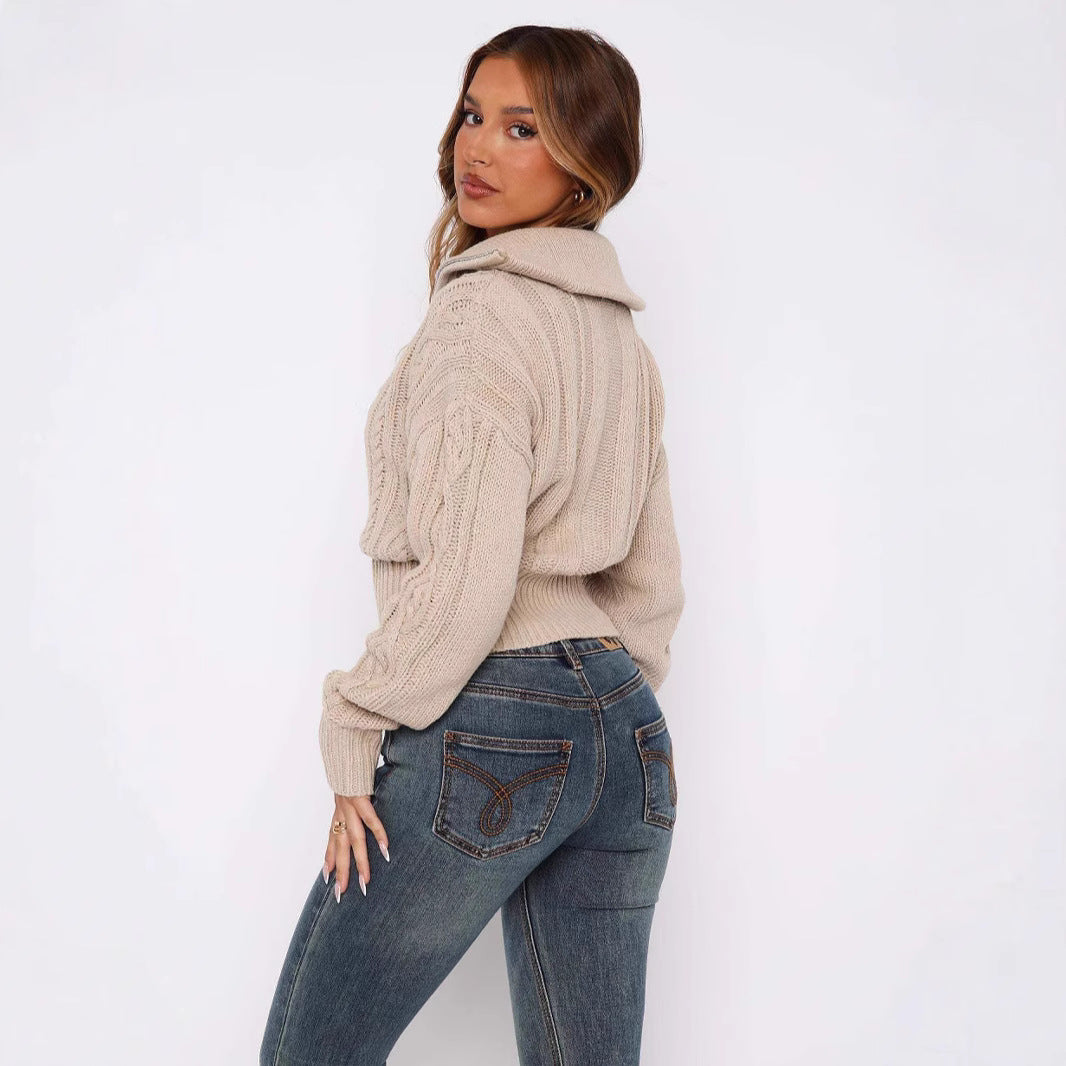 Damen Strickcardigan Kurz Zopfmuster Reißverschluss Norvielle