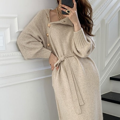 Damen Strickkleid mit Knöpfen und Taillengürtel Norvielle