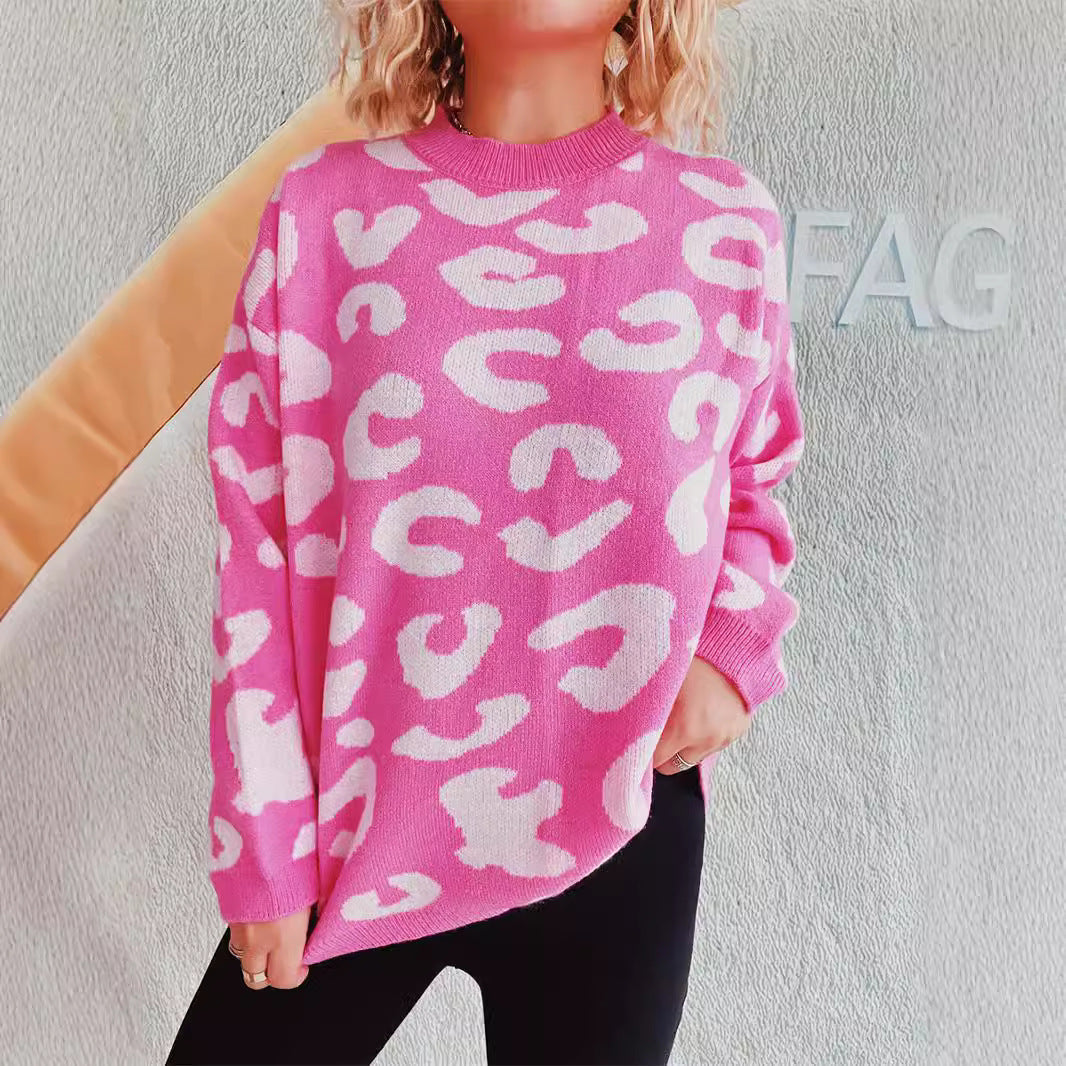 Damen Oversized Pullover Leopardenmuster Rundhals
