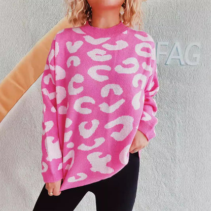 Damen Oversized Pullover Leopardenmuster Rundhals