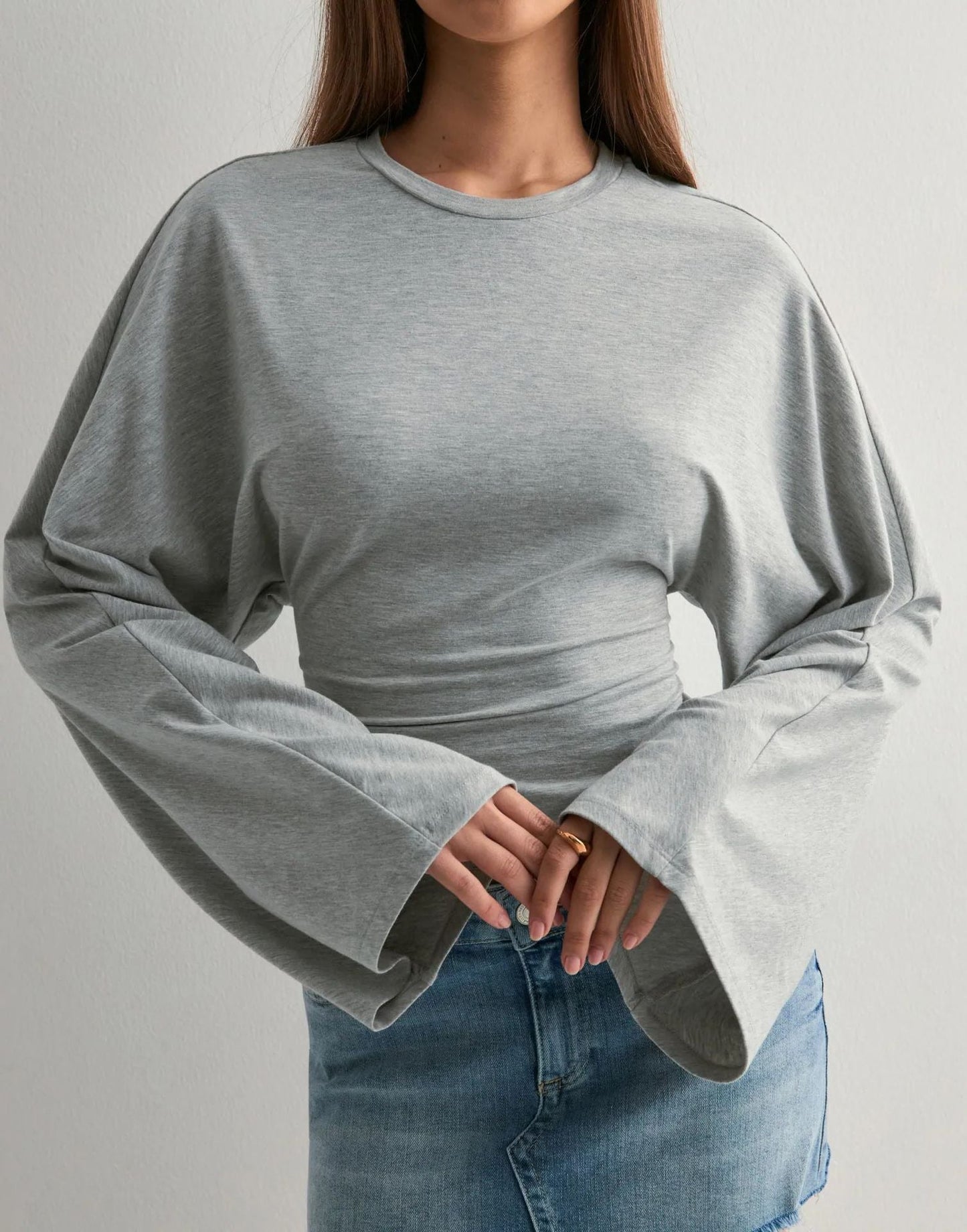 Damen Cropped Langarmshirt Weite Ärmel Norvielle
