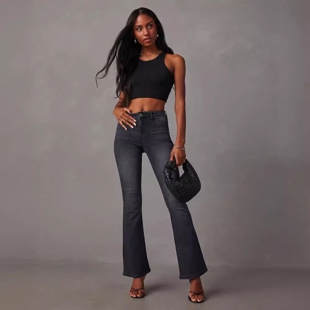 Damen Hochtaillierte Flare Jeans Stretch