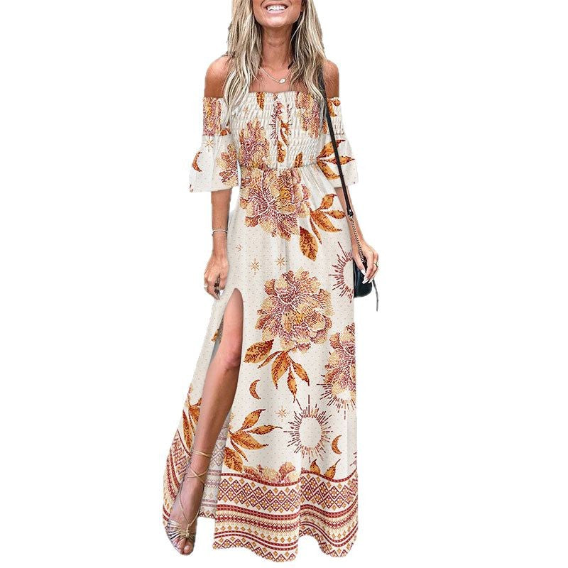 Damen Maxikleid Schulterfrei Seidenlook Beige