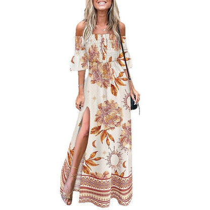 Damen Maxikleid Schulterfrei Seidenlook Beige