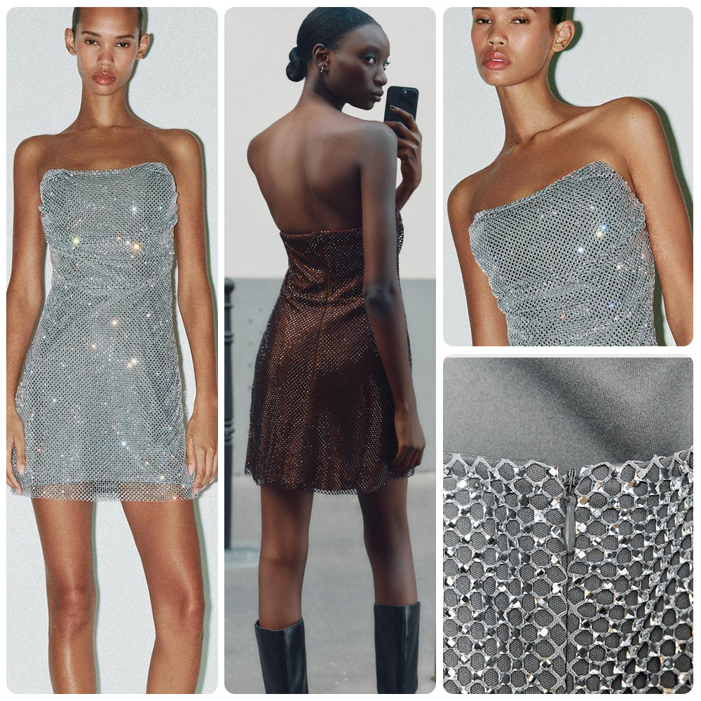 Damen Cocktailkleid Schulterfrei Glitzernd Pailletten Schwarz - Norvielle