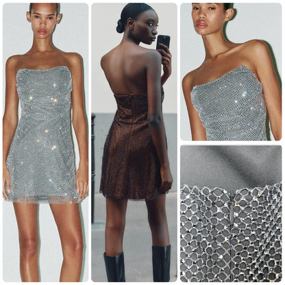 Damen Cocktailkleid Schulterfrei Glitzernd Pailletten Schwarz - Norvielle