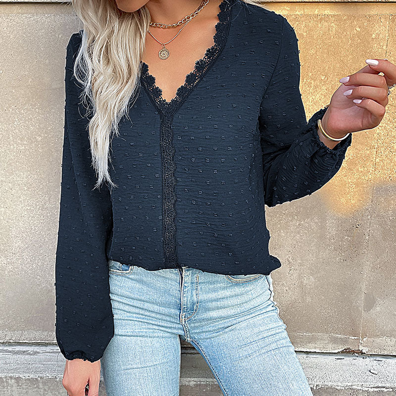Damen Bluse Spitzenbesatz Puffärmel Elegantes Design