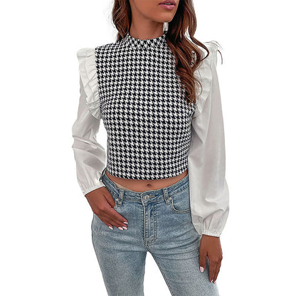 Damen Crop- Voluminöse Ärmel Karo Muster