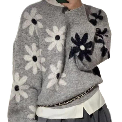 Damen Strickpullover Floralmuster Lässiger Schnitt