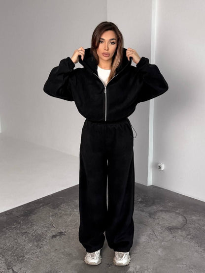Damen Fleece-Jogginganzug Oversized mit Kapuze