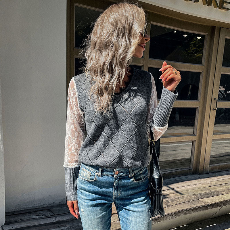 Damen Strickpullover Spitzeneinsätze Rautenmuster Norvielle - Norvielle