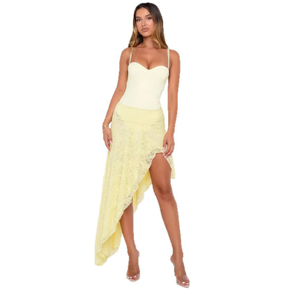 Damen Asymmetrisches Kleid Spitzenrock Bustier-Oberteil
