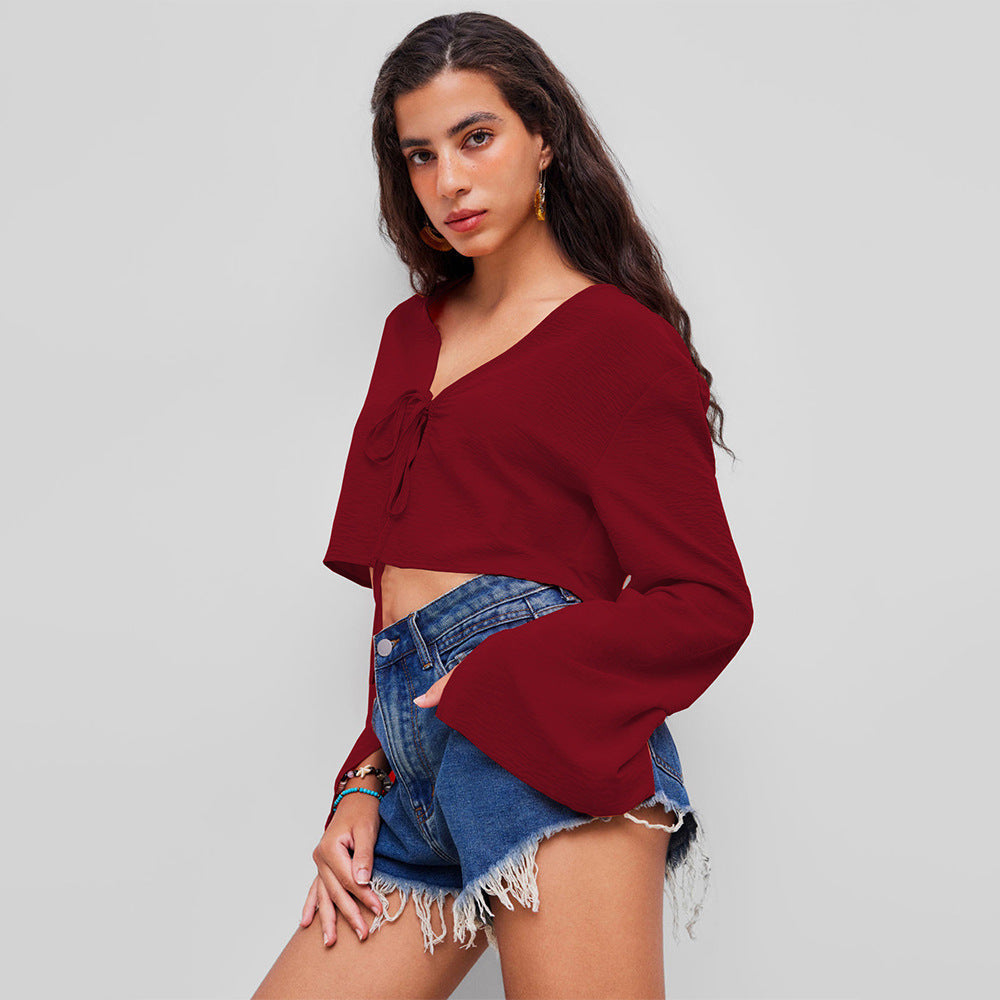Damen Oberteil V-Ausschnitt Crop- mit Knoten Norvielle