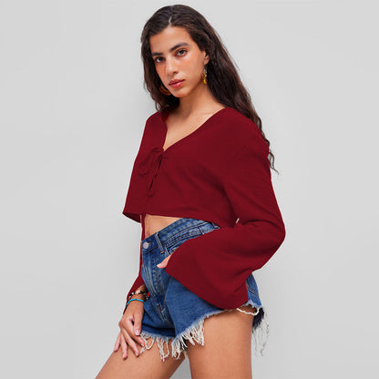 Damen Oberteil V-Ausschnitt Crop- mit Knoten Norvielle