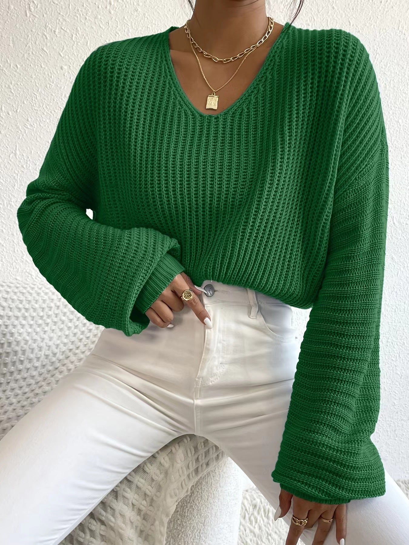 Damen Strickpullover Luftig V-Ausschnitt Länge Lang Ärmel Norvielle